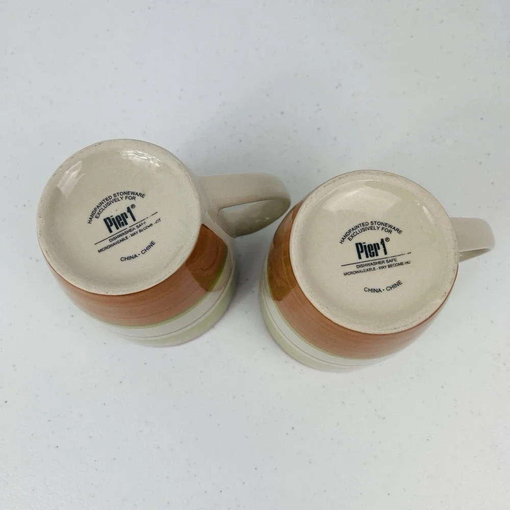 Pier 1 Valencia Stoneware Orange Red Rust Green Striped Mugs‎ Hand Painted Set 2